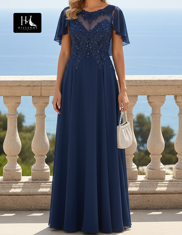 Scoop-Neck Cap-Sleeve Beaded Appliqué Chiffon Pleated A-Line Mother of the Bride Dress