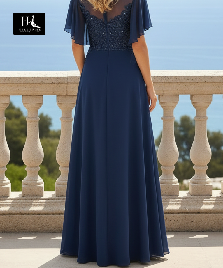Scoop-Neck Cap-Sleeve Beaded Appliqué Chiffon Pleated A-Line Mother of the Bride Dress