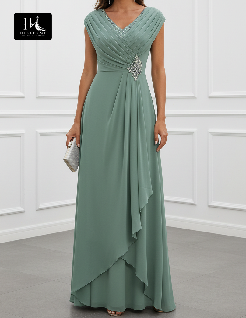 V-Neck Cap Sleeves Beaded Chiffon Pleated Floor-Length A-Line Mother of the Bride Dress