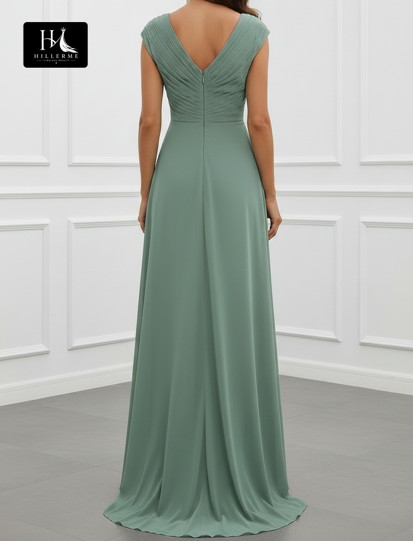 V-Neck Cap Sleeves Beaded Chiffon Pleated Floor-Length A-Line Mother of the Bride Dress