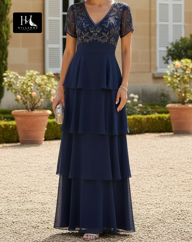 V-Neck Short Sleeve Appliqué Chiffon Tiered A-Line Mother of the Bride Dress