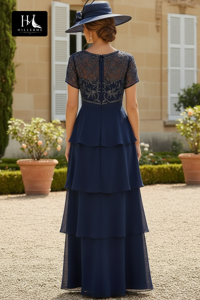 V-Neck Short Sleeve Appliqué Chiffon Tiered A-Line Mother of the Bride Dress