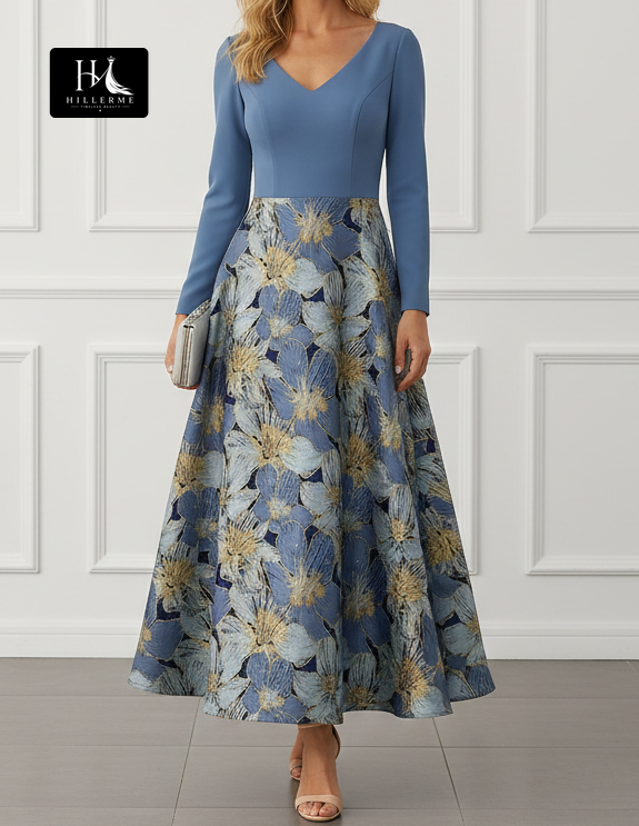 V-Neck Long Sleeve Ankle-Length Jacquard Satin Pleated A-Line Mother of the Bride Dress