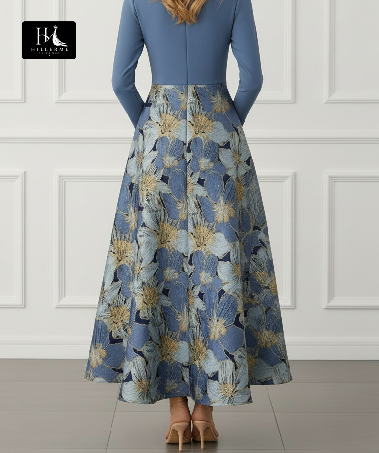 V-Neck Long Sleeve Ankle-Length Jacquard Satin Pleated A-Line Mother of the Bride Dress