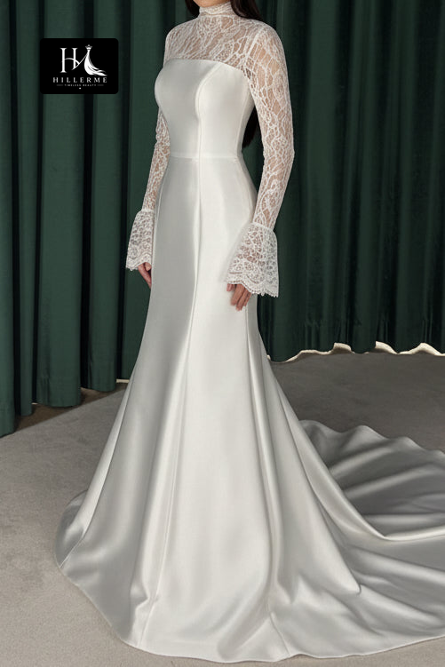 Elegant Long Sleeve Mermaid Wedding Dress with Lace Yoke and Satin Skirt