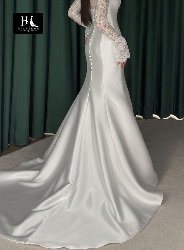Elegant Long Sleeve Mermaid Wedding Dress with Lace Yoke and Satin Skirt