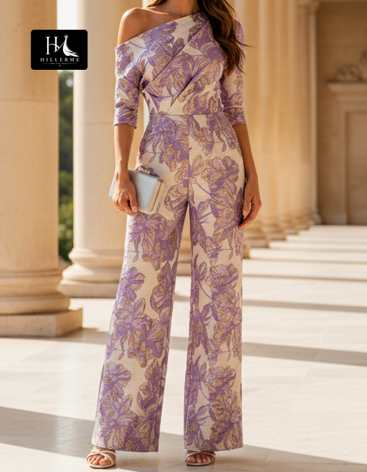 Asymmetrical-Neck Half-Sleeve Jacquard Satin Plied Mother of the Bride Jumpsuit
