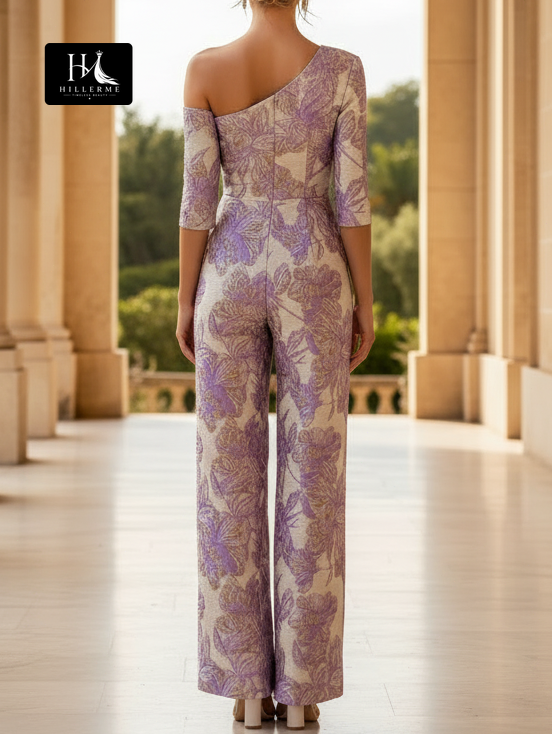 Asymmetrical-Neck Half-Sleeve Jacquard Satin Plied Mother of the Bride Jumpsuit