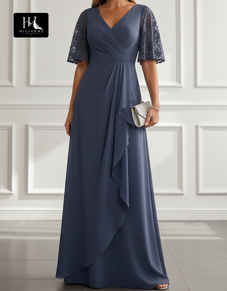 Strapless V-Neck Mother of the Bride Dress with Beaded Lace and Chiffon A-Line Floor-Length Skirt