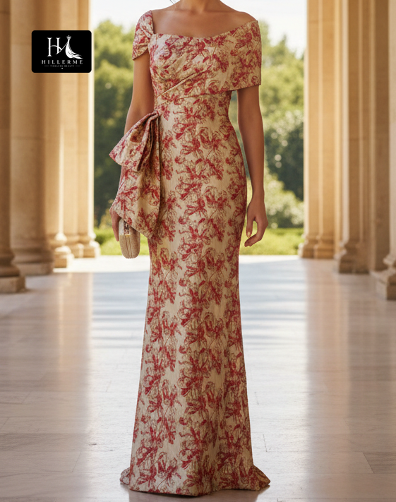 Sleeveless Bateau-Neck Jacquard Satin Mermaid Floor-Length Mother of the Bride Dress with Bow Detail