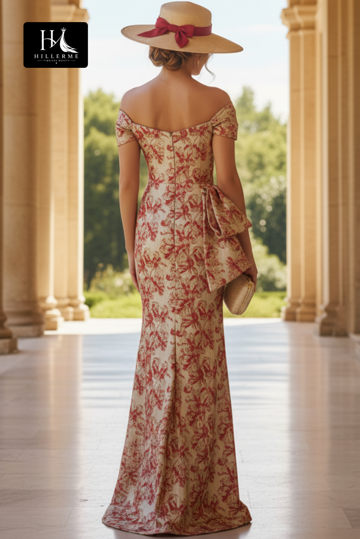 Sleeveless Bateau-Neck Jacquard Satin Mermaid Floor-Length Mother of the Bride Dress with Bow Detail