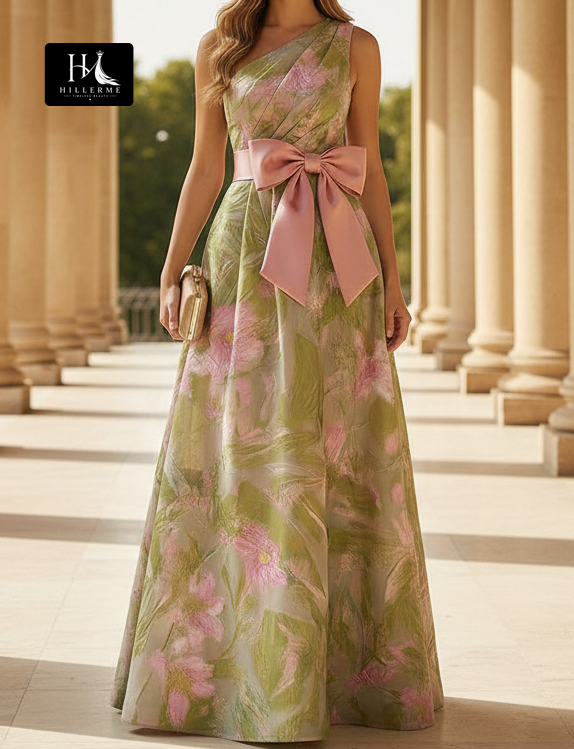 Sleeveless A-Line Mother of the Bride Dress with Asymmetrical Neckline and Bow Detail in Jacquard Satin