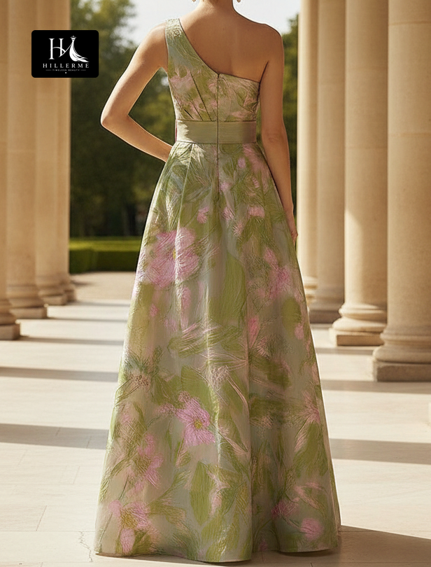 Sleeveless A-Line Mother of the Bride Dress with Asymmetrical Neckline and Bow Detail in Jacquard Satin