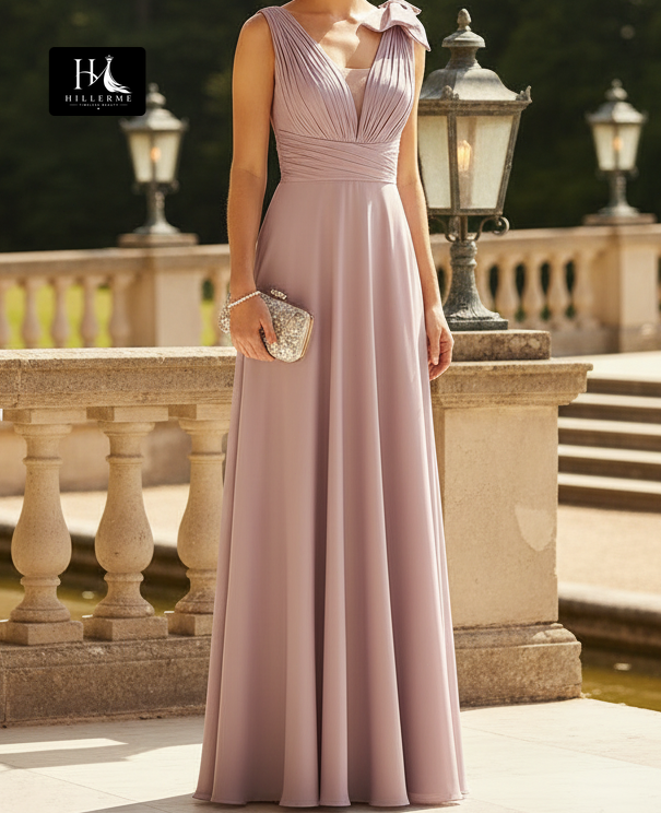Floor-Length Chiffon Pleated Deep V-Neck Mother of the Bride Dress with Straps