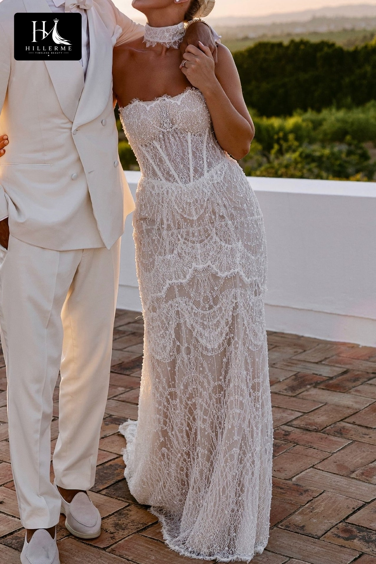 Beaded Lace Gown with Illusion Corset and Scalloped Neckline