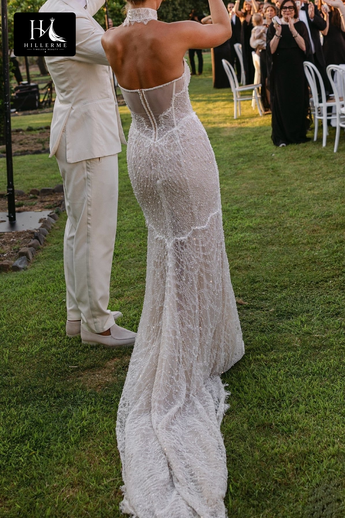 Beaded Lace Gown with Illusion Corset and Scalloped Neckline