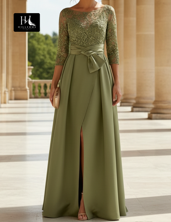 Satin A-Line Mother of the Bride Dress with Sequined Appliqués, Scoop Neck and 3/4 Sleeves