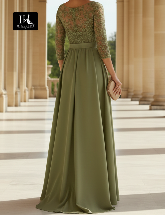 Satin A-Line Mother of the Bride Dress with Sequined Appliqués, Scoop Neck and 3/4 Sleeves