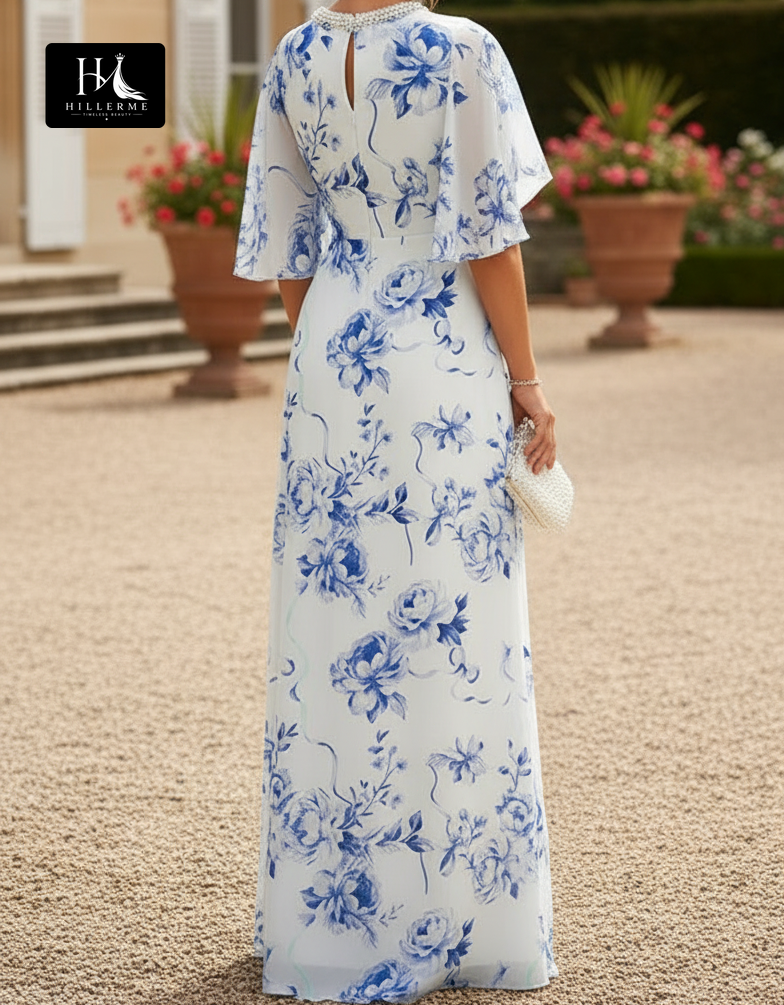 Scoop-Neck Cape-Sleeve Beaded Print Chiffon Floor-Length A-Line Mother of the Bride Dress