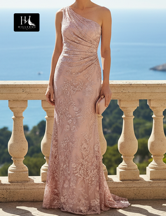Asymmetrical-Neck Floor-Length Tulle Mermaid Gown with Lace Appliqués for Mother of the Bride