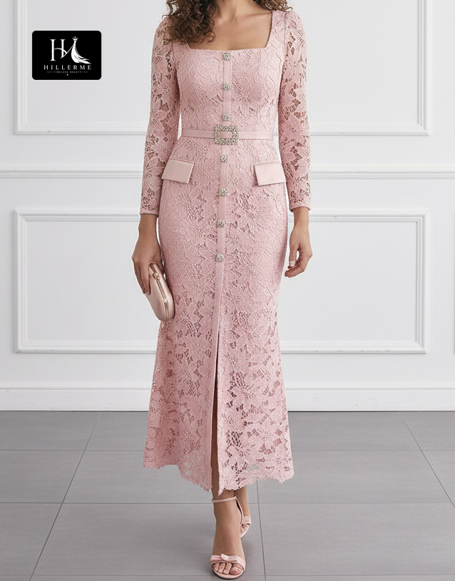 Square-Neck Long-Sleeve Lace Appliqué Ankle-Length Mermaid Mother of the Bride Dress