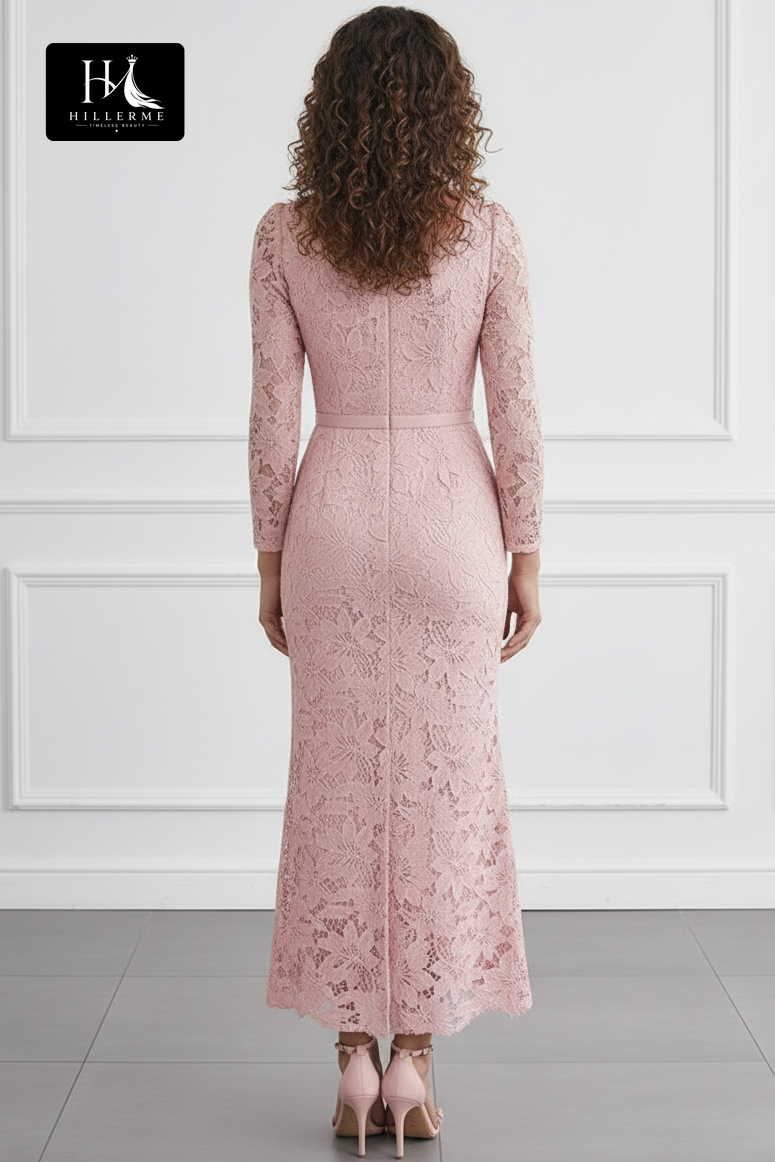 Square-Neck Long-Sleeve Lace Appliqué Ankle-Length Mermaid Mother of the Bride Dress