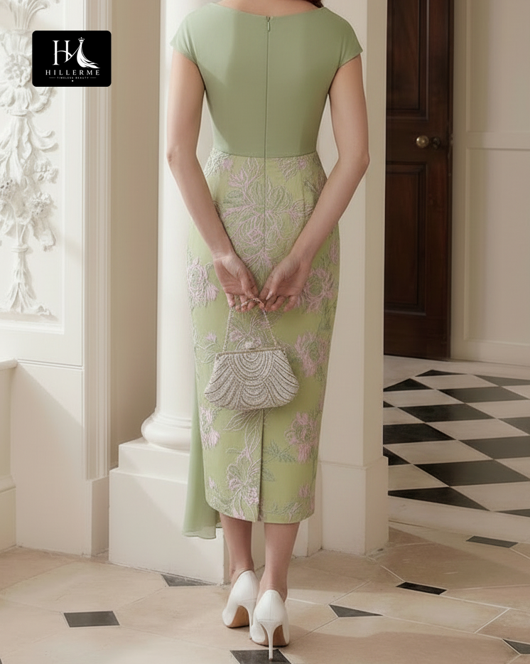 V-Neck Cap Sleeves Mermaid Ankle-Length Jacquard Satin Mother of the Bride Dress