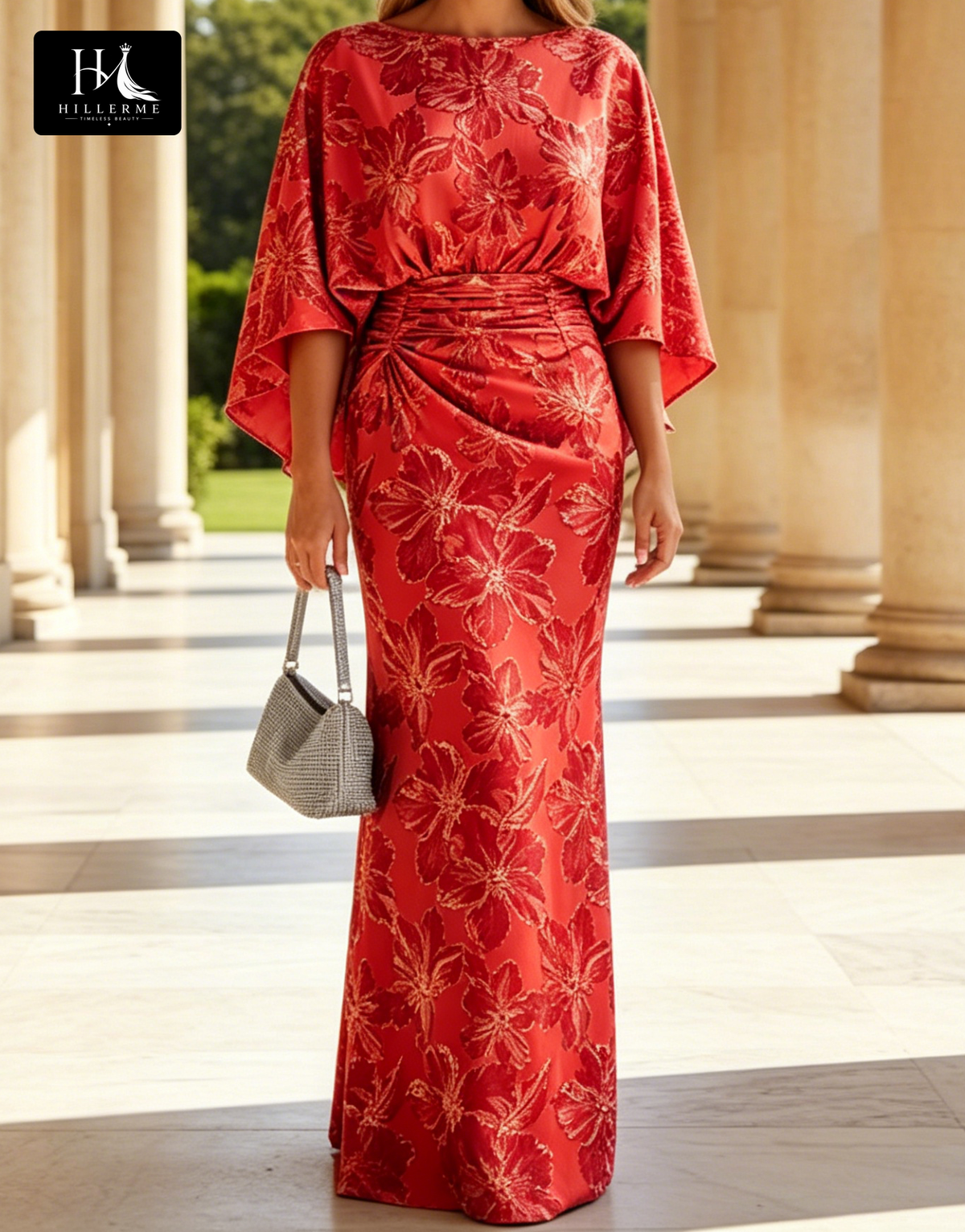 Scoop-Neck Mermaid Floor-Length Mother of the Bride Dress in Luxurious Jacquard Satin with Pleated Detailing