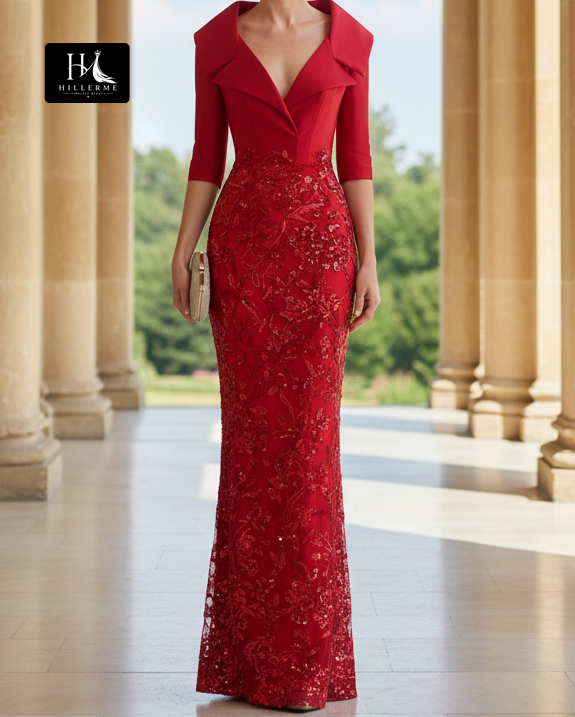 V-Neck Half-Sleeve Sequin Satin Pleated Floor-Length Mermaid Mother of the Bride Dress
