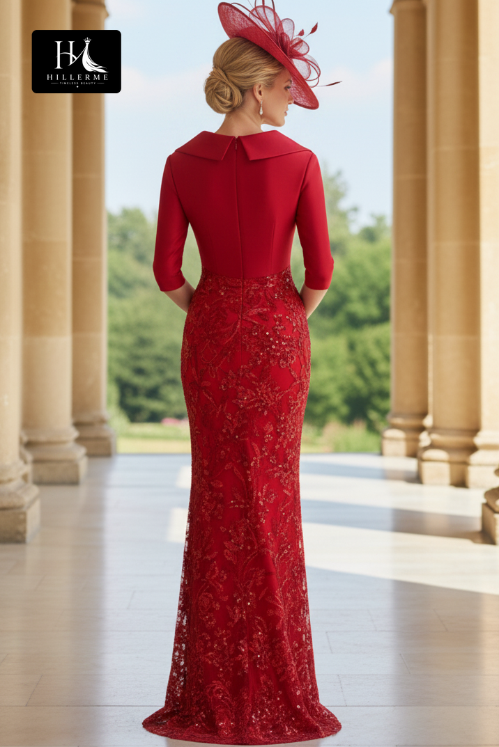 V-Neck Half-Sleeve Sequin Satin Pleated Floor-Length Mermaid Mother of the Bride Dress
