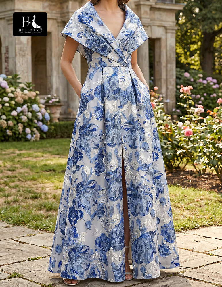 V-Neck Cap-Sleeve Floor-Length Mermaid Jacquard Chiffon Mother of the Bride Dress