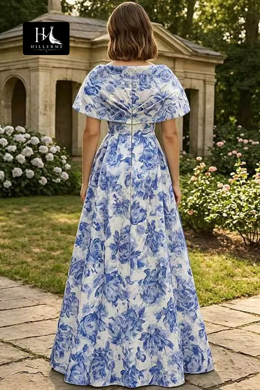 V-Neck Cap-Sleeve Floor-Length Mermaid Jacquard Chiffon Mother of the Bride Dress