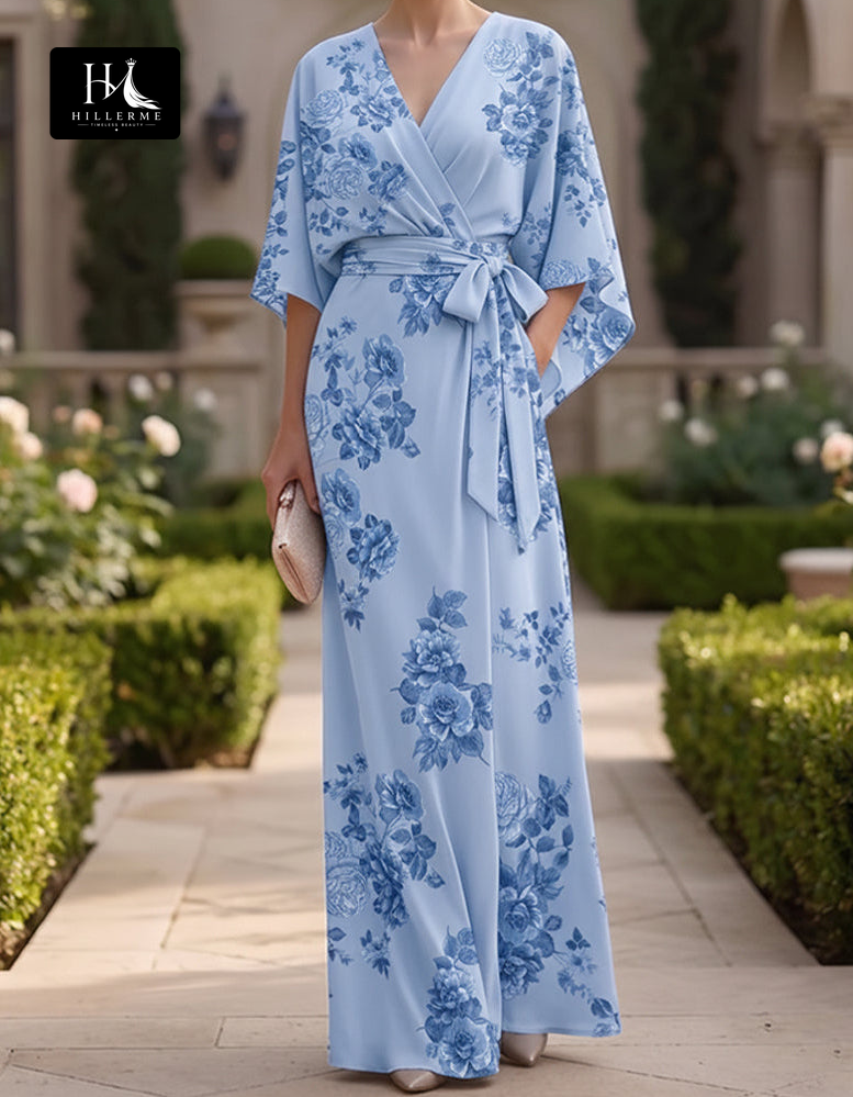 V-Neck Half-Sleeve Floor-Length Mermaid Mother of the Bride Dress in Jacquard Chiffon with Pleating
