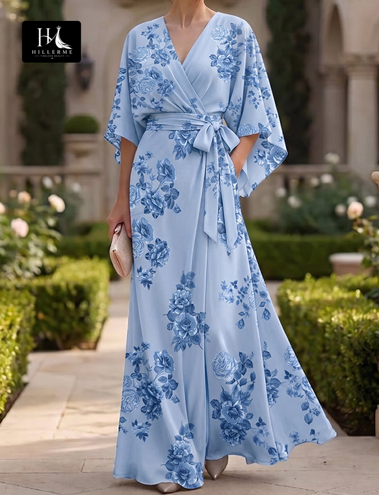 V-Neck Half-Sleeve Floor-Length Mermaid Mother of the Bride Dress in Jacquard Chiffon with Pleating