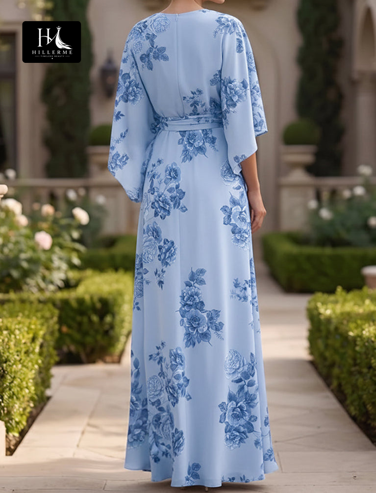V-Neck Half-Sleeve Floor-Length Mermaid Mother of the Bride Dress in Jacquard Chiffon with Pleating