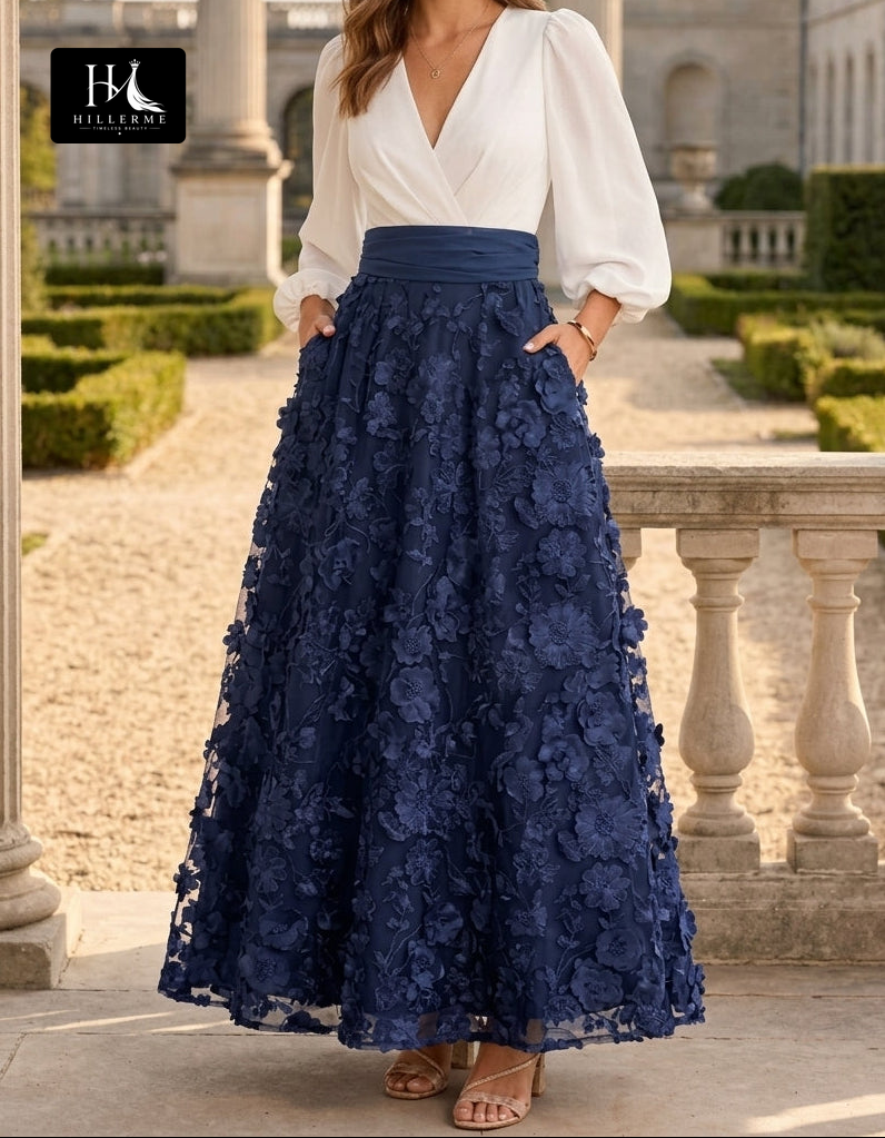 V-Neck 3/4 Sleeves Ankle-Length 3D Floral Satin Pleated A-Line Mother of the Bride Dress