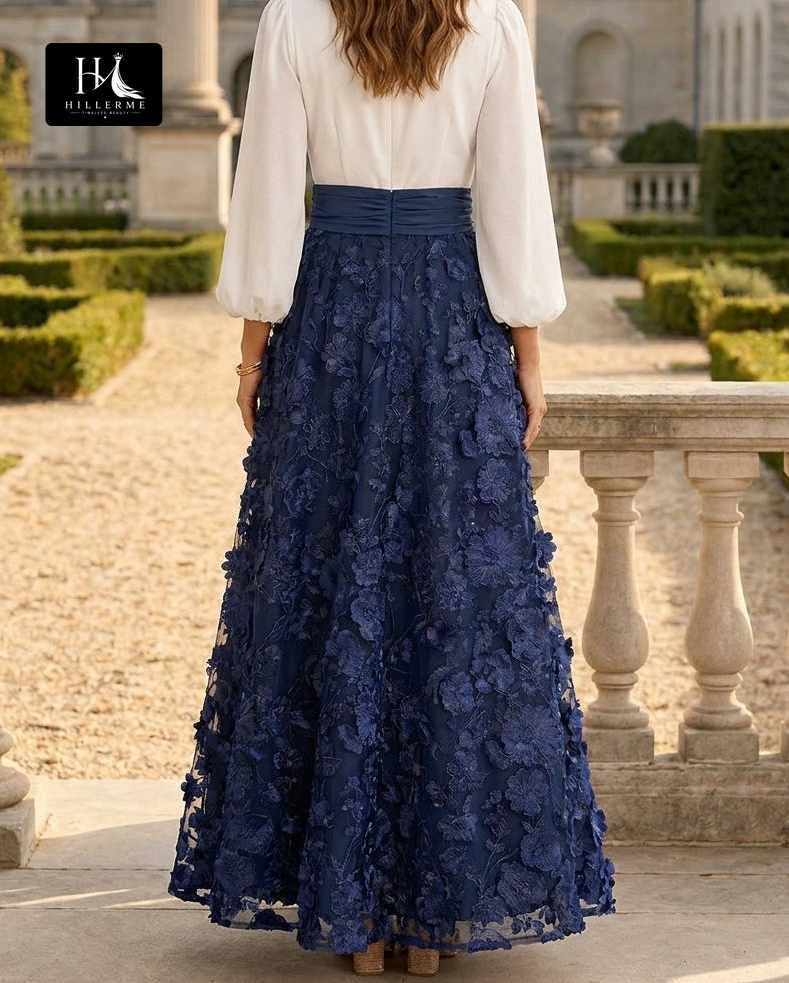 V-Neck 3/4 Sleeves Ankle-Length 3D Floral Satin Pleated A-Line Mother of the Bride Dress