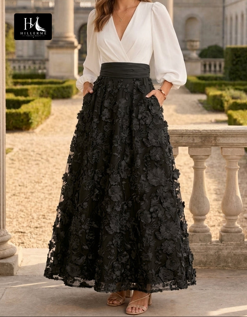 V-Neck 3/4 Sleeves Ankle-Length 3D Floral Satin Pleated A-Line Mother of the Bride Dress