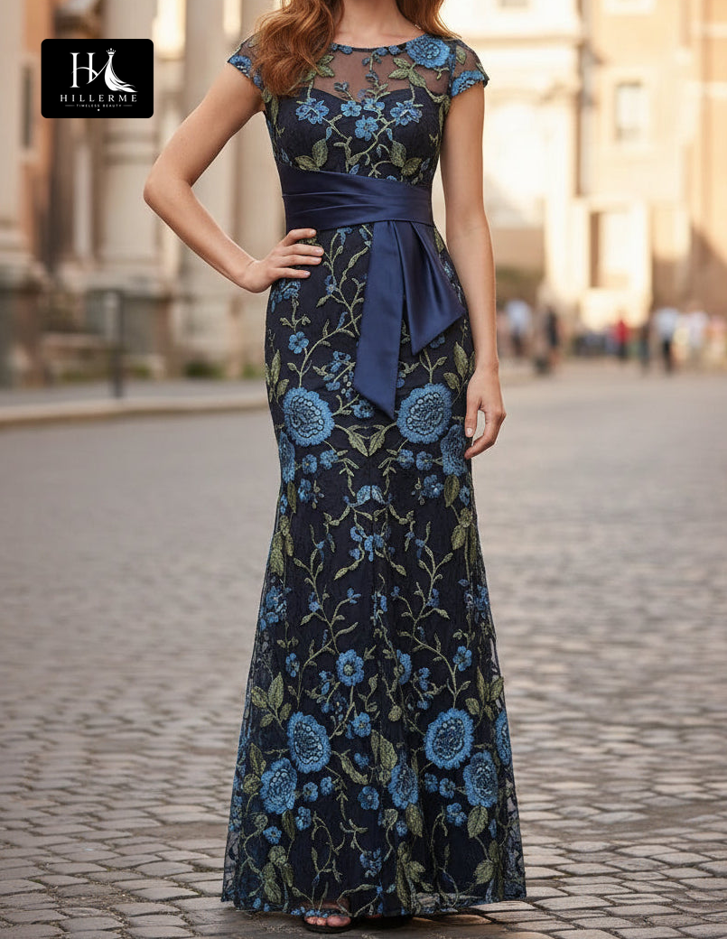 Scoop-Neck Cap-Sleeve Multi-Color Sequined Tulle Floor-Length Mermaid Mother of the Bride Dress