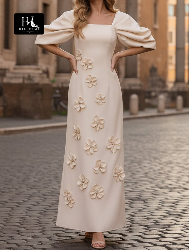Square-Neck Satin Pleated Ankle-Length Mother of the Bride Dress with 3D Floral Embellishments