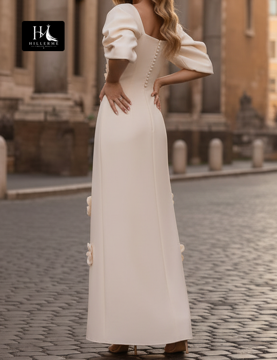 Square-Neck Satin Pleated Ankle-Length Mother of the Bride Dress with 3D Floral Embellishments
