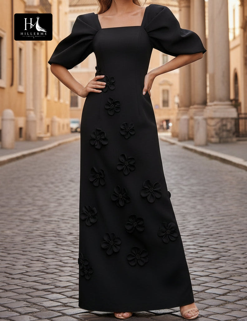 Square-Neck Satin Pleated Ankle-Length Mother of the Bride Dress with 3D Floral Embellishments