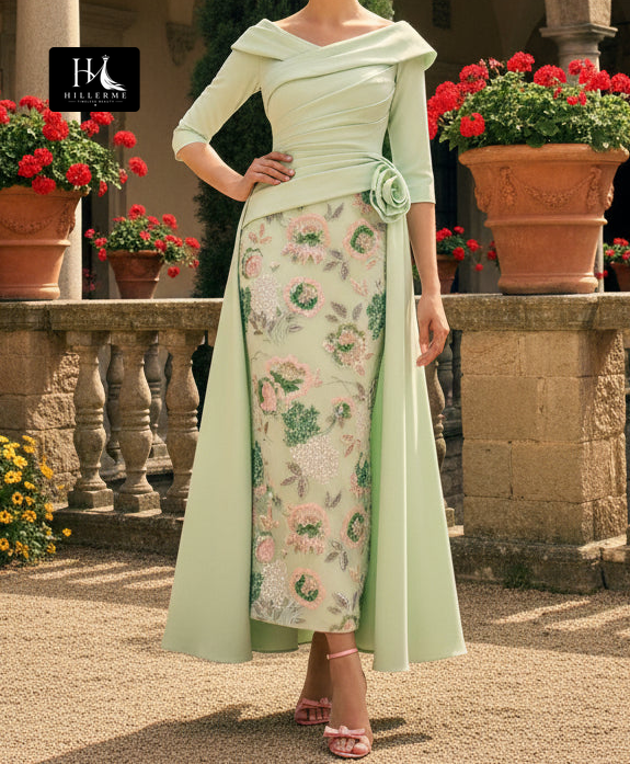 V-Neck 3/4-Sleeve Ankle-Length Mermaid Mother of the Bride Dress with 3D Floral Sequins