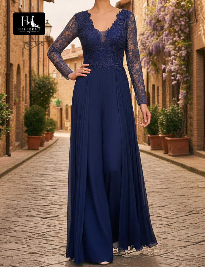 Sequined Beaded Chiffon Jumpsuit with V-Neck and Long Sleeves for Mother of the Bride