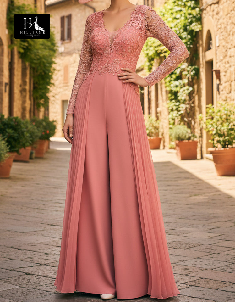 Sequined Beaded Chiffon Jumpsuit with V-Neck and Long Sleeves for Mother of the Bride