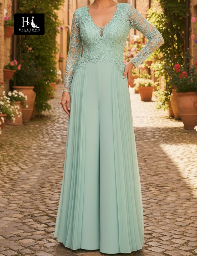 Sequined Beaded Chiffon Jumpsuit with V-Neck and Long Sleeves for Mother of the Bride