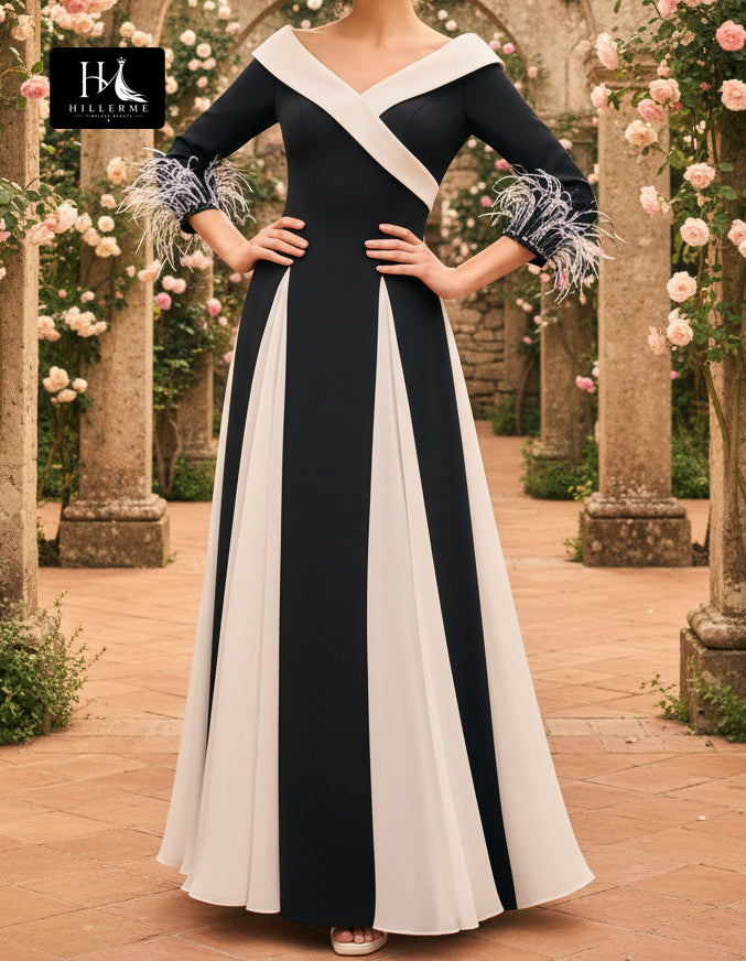 Strapless V-Neck Fringed Two-Tone Chiffon A-Line Mother of the Bride Dress with Pleated Bodice and Ankle-Length Silhouette