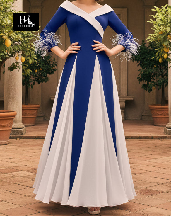 Strapless V-Neck Fringed Two-Tone Chiffon A-Line Mother of the Bride Dress with Pleated Bodice and Ankle-Length Silhouette