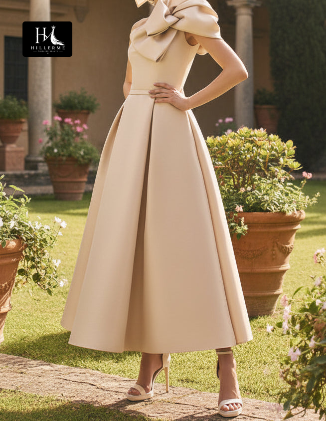 Asymmetrical-Neck Ankle-Length Satin Pleated A-Line Mother of the Bride Dress with Bow Detail