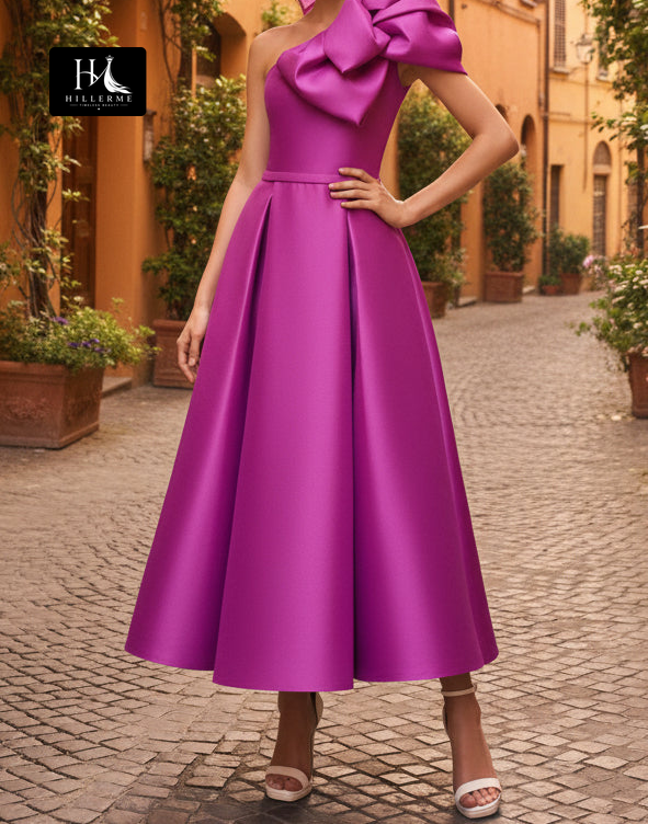 Asymmetrical-Neck Ankle-Length Satin Pleated A-Line Mother of the Bride Dress with Bow Detail
